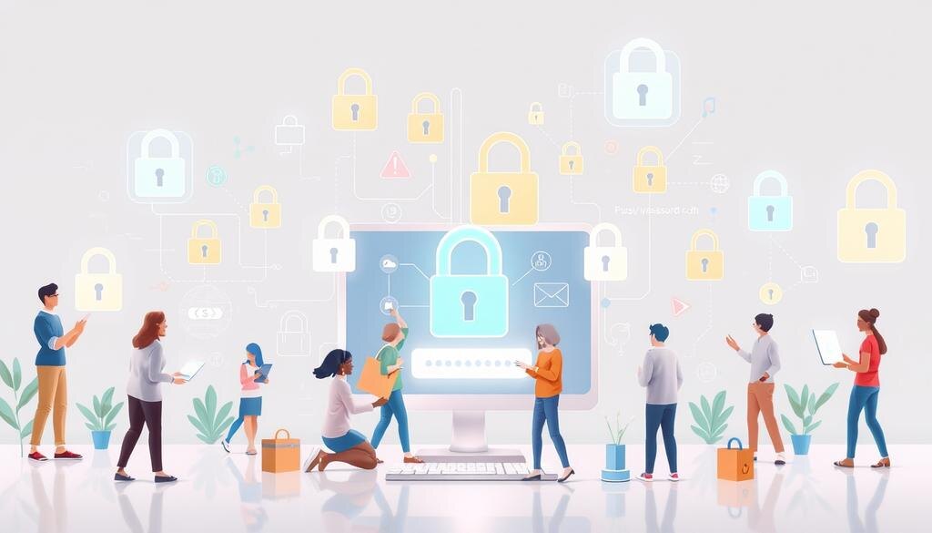    Иллюстрация цифрового мира с иконками паролей и замками, представляющими безопасность пароля. Разнообразные персонажи взаимодействуют с технологиями.