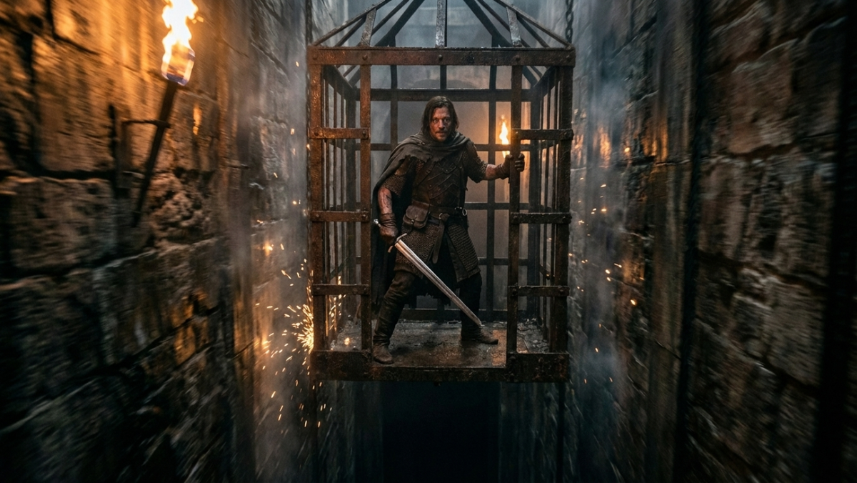 Вид изнутри темной, ржавой железной клети, которая стремительно падает в бездонную шахту. Кроу в доспехах стоит в центре, сжимая меч. Мимо проносятся уровни каменоломни, освещенные тусклыми факелами.