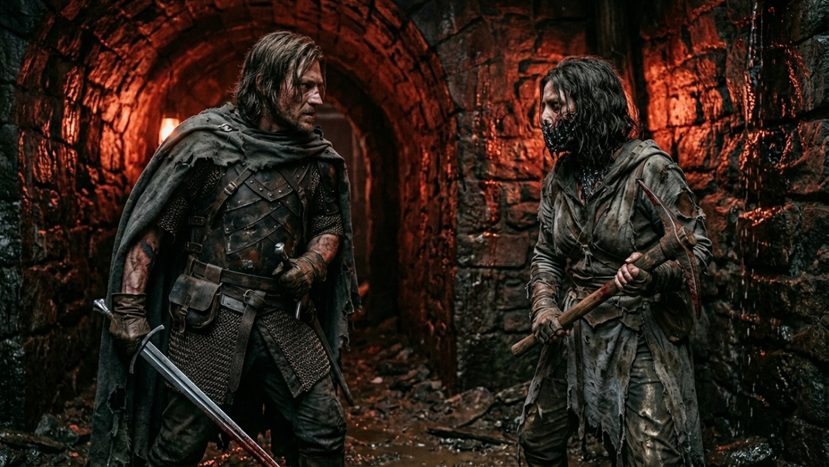 В темном, сыром каменном тоннеле Кроу с обнаженным мечом сталкивается с Веспер. Лицо женщины наполовину железное, её глаза светятся красным во мраке. Между ними напряжение. Стены покрыты потеками ржавчины.