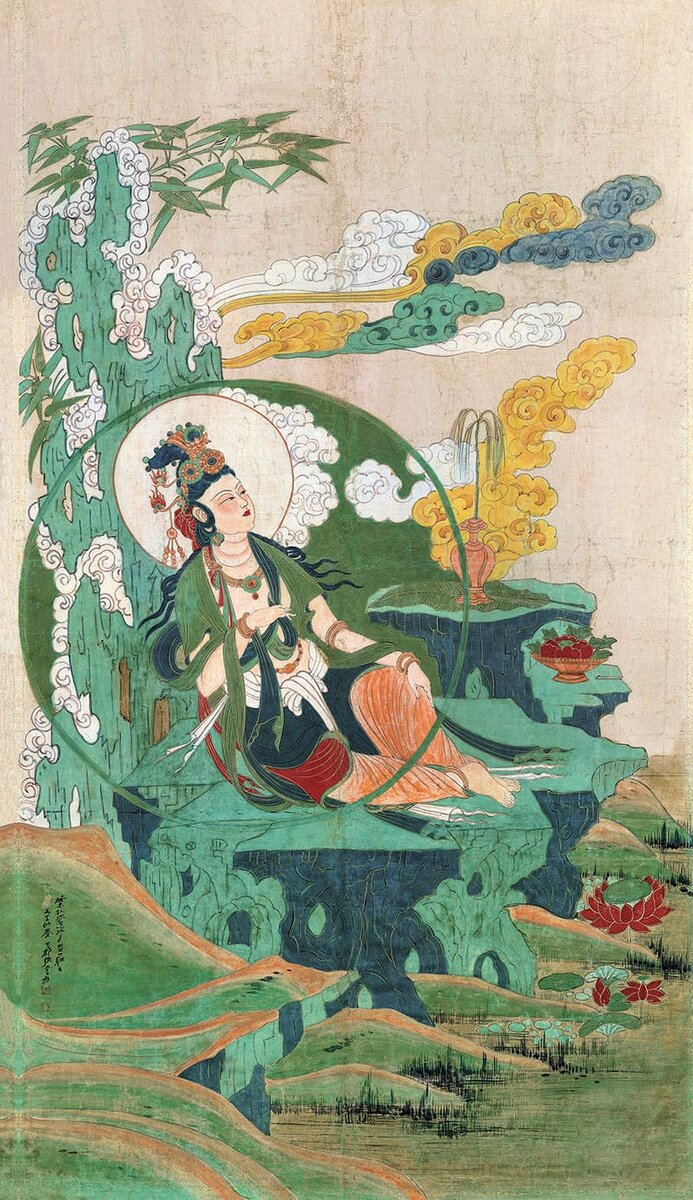 Это копия, сделанная Чжан Дацянем, одной из самых знаменитых фресок Дуньхуана — «Авалокитешвара (Гуаньинь) у воды и луны» из пещер Юйлинь. Посмотрите на монументальность позы и чистоту минеральных пигментов — именно эту эстетику мастер привез с собой в Аргентину