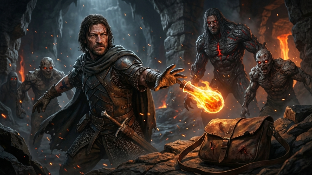 Широкий план. Суровый наемник в центре темной пещеры в прыжке бросает горящую склянку в тяжелый мешок на полу. На заднем плане — огромный мутант Гарет и толпа шахтеров с красными глазами, вросших в стены. Момент за секунду до чудовищного взрыва.