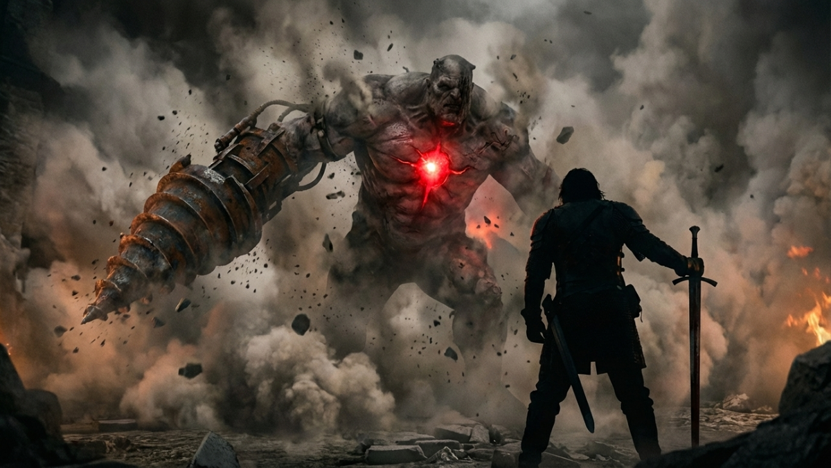 Из густого серого дыма и оседающей каменной пыли угрожающе выступает гигантский мутант Рук. Его тяжелый ржавый бур направлен вперед. Внутри его груди светится раскаленное красное ядро. Кроу, раненый и опирающийся на меч, стоит на переднем плане спиной к камере.