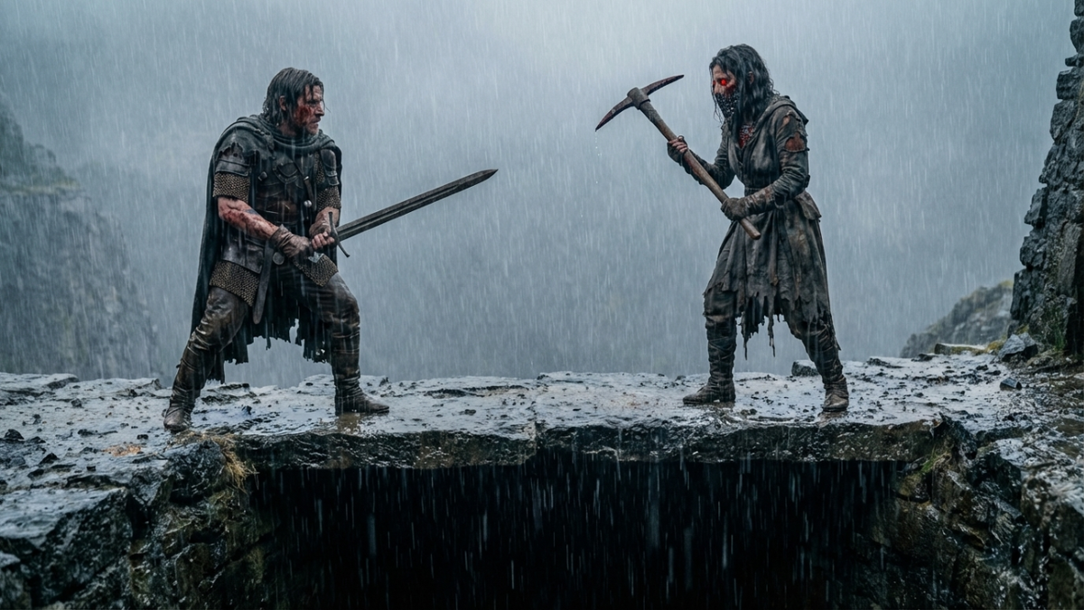 На узком каменном карнизе под проливным дождем стоят Кроу и Веспер. С одной стороны глухая мокрая скала, с другой — бездонная черная пропасть шахты. Кроу ранен, держит меч двумя руками. Веспер замахивается тяжелой киркой, её железная челюсть блестит от воды, а глаза светятся красным