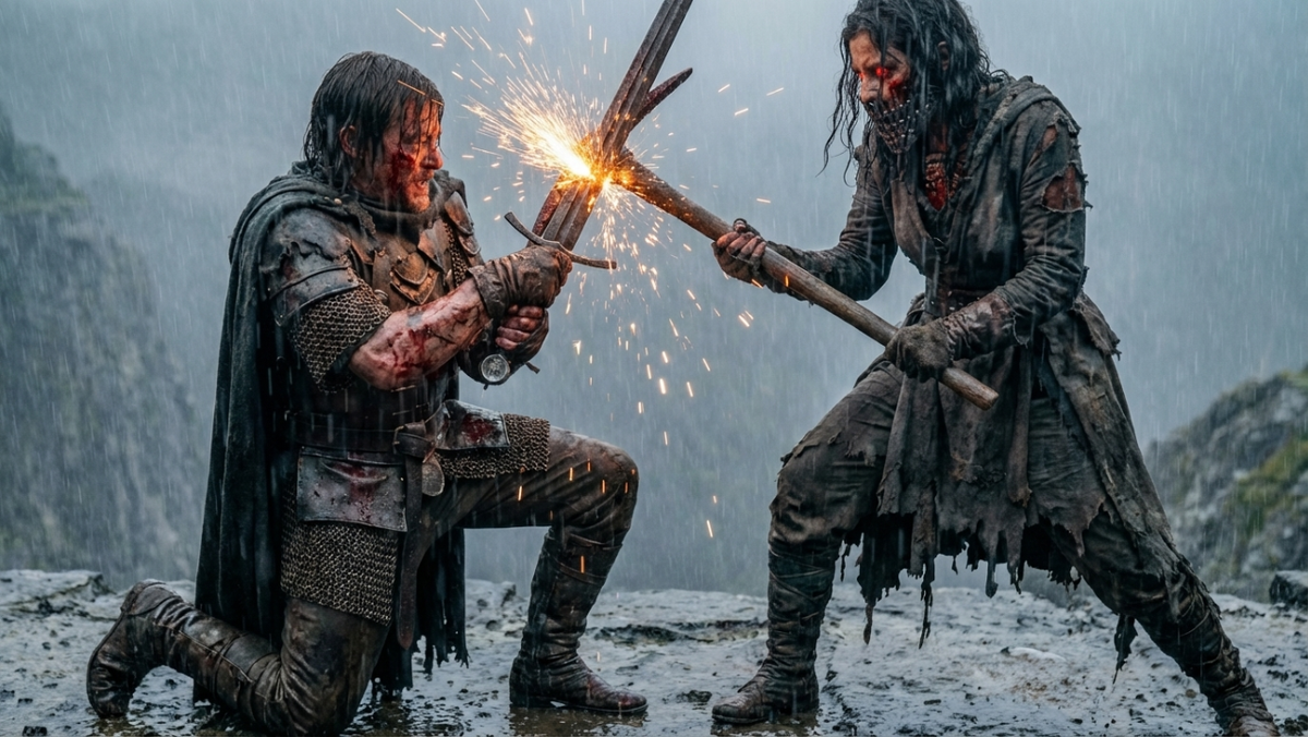 Крупный, динамичный план боя. Кроу на одном колене, блокирует мечом сокрушительный удар кирки Веспер. От столкновения стали и железа летят яркие искры, освещая их напряженные лица. Кровь и вода текут по броне.