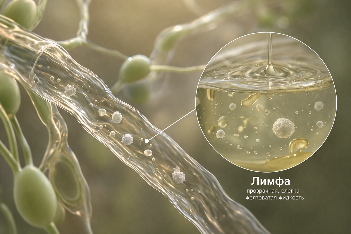 Лимфа не выглядит как «что-то заметное» — это почти прозрачная, слегка желтоватая жидкость. В обычном состоянии она напоминает разбавленную плазму крови: светлая, водянистая, без яркого цвета. Её особенность не во внешнем виде, а в составе. В ней есть белки, жиры (особенно после еды), клетки иммунной защиты — поэтому при определённых условиях она может становиться более мутной или молочно-белой. Например, лимфа из кишечника после приёма жирной пищи выглядит как лёгкая эмульсия. В отличие от крови, в лимфе нет эритроцитов, поэтому она не красная. Она движется медленно, почти незаметно, заполняя сеть сосудов и проходя через лимфоузлы, где «фильтруется».