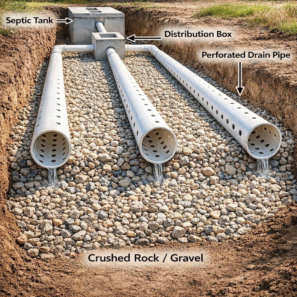 Бетонный септик, бетонная распределительная коробка, оросительные трубы поля с отверстиями, щебень под ними