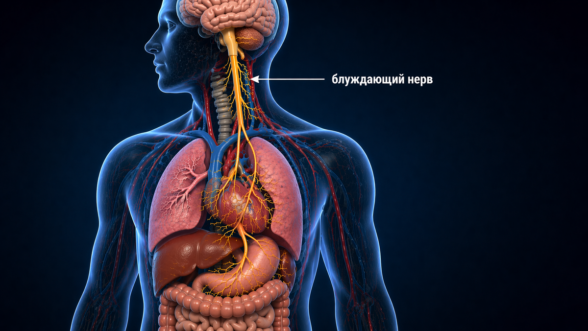 Блуждающий нерв — один из ключевых проводников между мозгом и внутренними органами. Он начинается в стволе мозга и проходит через шею к сердцу, лёгким и органам брюшной полости, передавая сигналы в обе стороны. Через него регулируются частота сердечных сокращений, дыхание, работа желудка и кишечника. Это часть парасимпатической нервной системы, которая отвечает за восстановление и снижение напряжения: когда его активность выше, организм замедляется, пищеварение улучшается, а реакции становятся более устойчивыми.