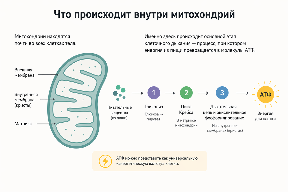 Митохондрии — это структуры внутри клетки, где из питательных веществ образуется энергия. Здесь происходит клеточное дыхание, в результате которого синтезируется АТФ — молекула, обеспечивающая работу всех процессов в организме. Фото: Хатуна Колбая