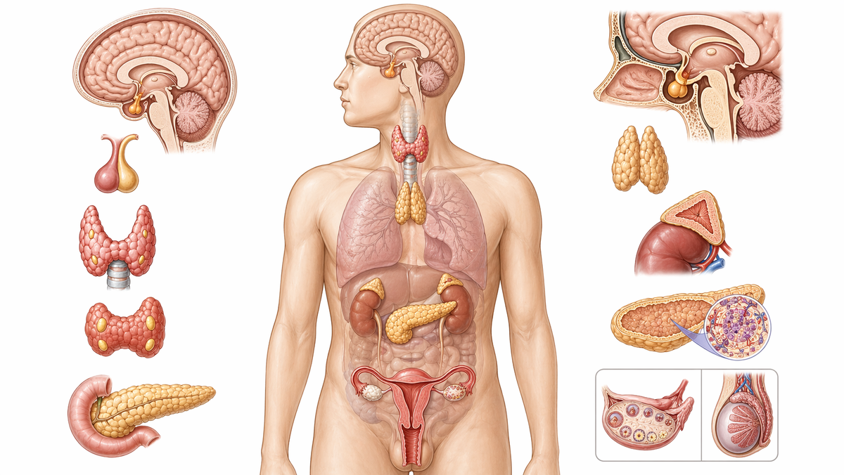 Эндокринная система — это сеть желез, которые регулируют работу организма через гормоны, действующие медленно, но точно. В отличие от нервных импульсов, гормональные сигналы распространяются с током крови и меняют поведение клеток на уровне обмена веществ, роста, реакции на стресс и воспроизводства. Гипоталамус и гипофиз задают общий ритм, щитовидная железа влияет на скорость энергетических процессов, надпочечники отвечают за адаптацию к нагрузкам, а поджелудочная железа регулирует уровень глюкозы. Это не отдельные органы, а единая архитектура, где любое смещение — от сна до питания — отражается на всём организме. Фото: Хатуна Колбая 
