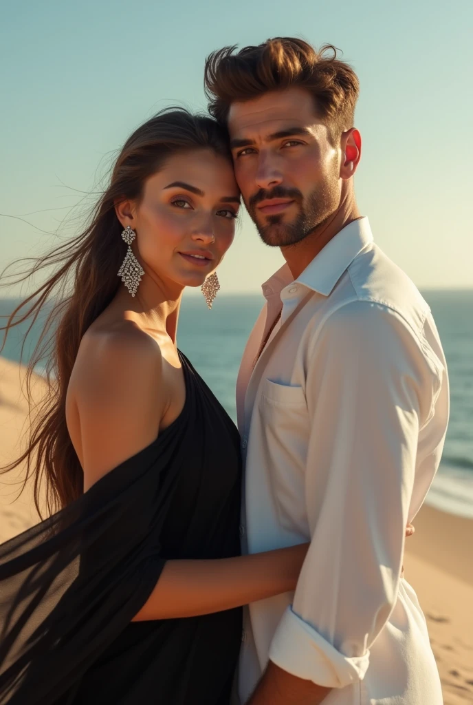 Красивая девушка в вечернем платье и мужчина в дорогом костюме на фоне океана, нумерологическая карта совместимости чисел спонсорства и содержанства.