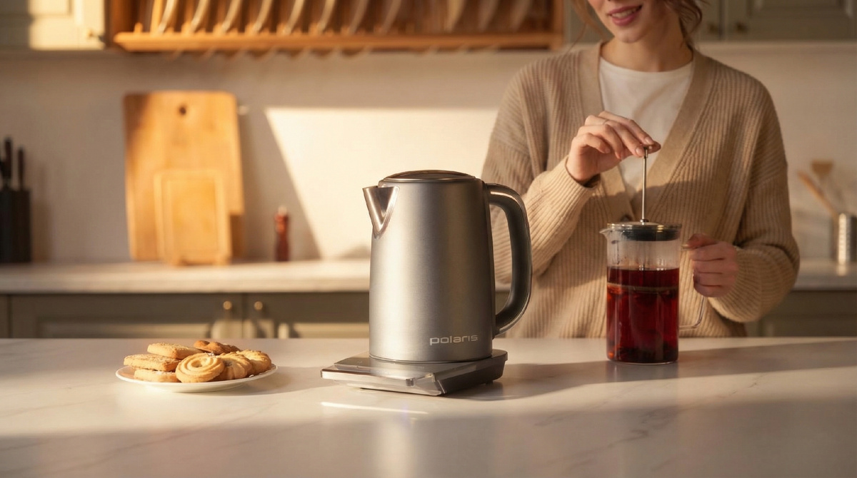Чайник Polaris PWK 1755CAD Wi-Fi IQ Home с управлением через приложение и регулировкой температуры от 40 до 100 °C.