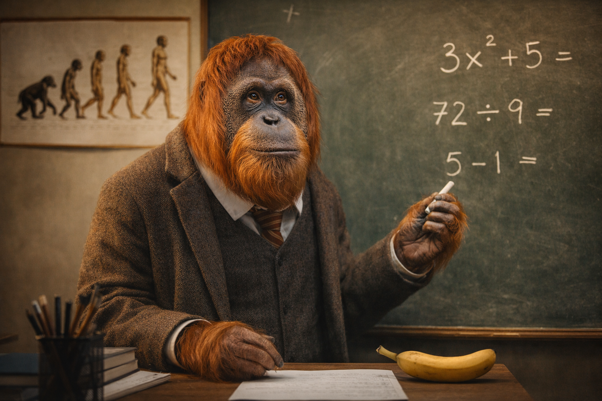 Царь природы или голый примат? Орангутанг у доски — ирония над нашей попыткой отделить себя от животного мира