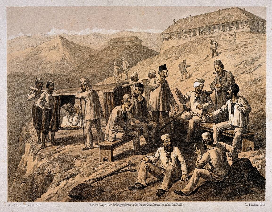     Томас Ашбертон Пикен. Раненые солдаты на лечении в Дугшае, Пакистан. 1859