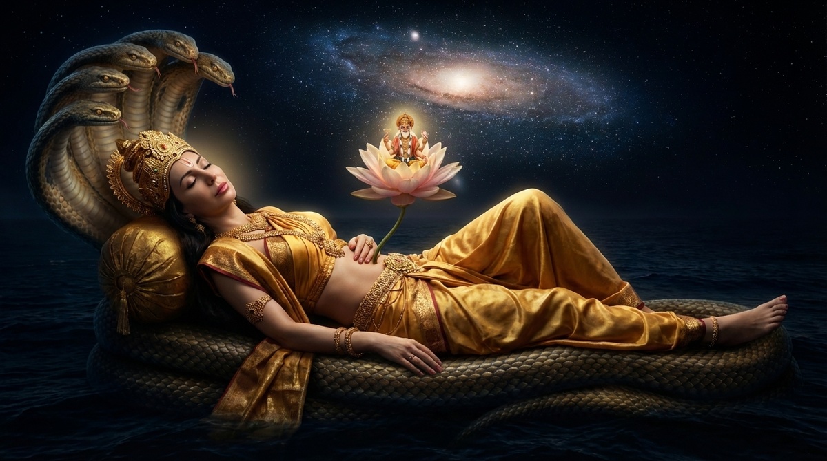 Вишну возлежит на змее Шеше в космическом океане. Он спит, и ему снится сон, из которого возникает вселенная. И вот из пупа Вишну вырастает лотос.