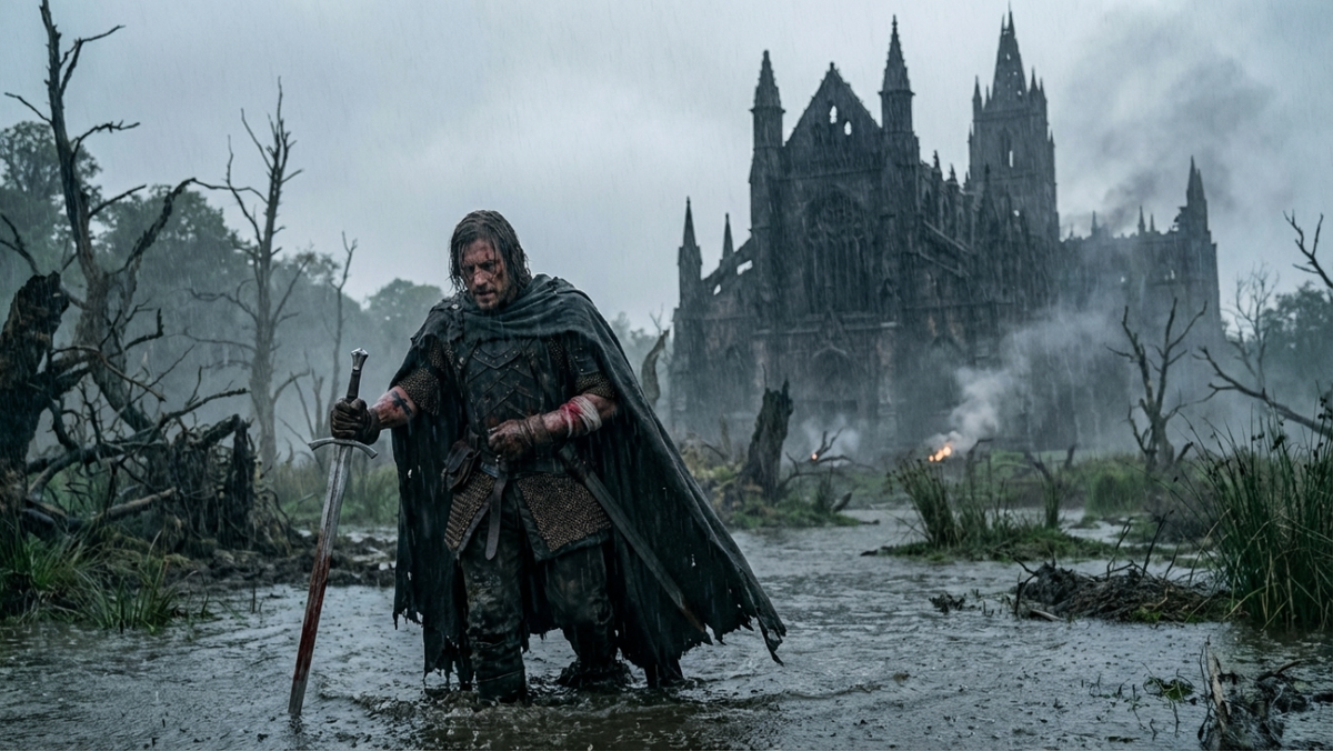 Израненный Кроу бредет по колено в грязной болотной воде. Идет мелкий дождь, висит густой туман. На заднем плане, на небольшом возвышении среди кривых мертвых деревьев, возвышается мрачное, черное аббатство (Приют Скорбящих) с острыми готическими шпилями. Атмосфера безысходности и упадка.