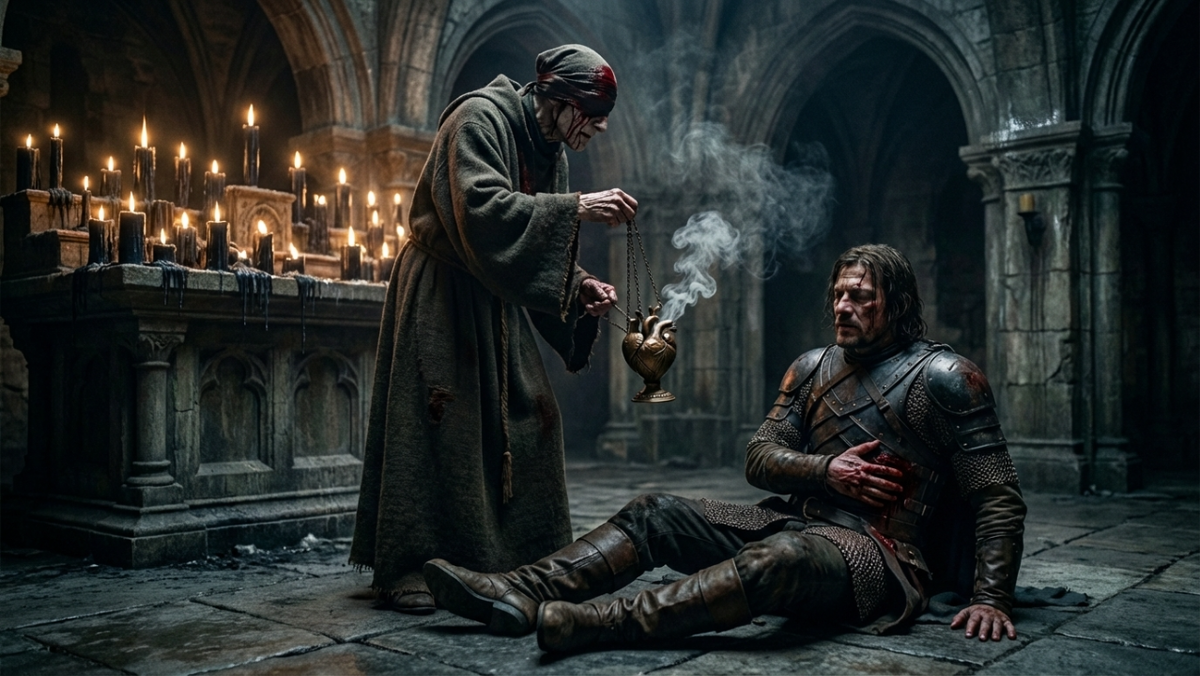 Внутри темного, каменного зала аббатства. Кроу сидит на полу, зажимая окровавленный бок. Над ним возвышается Настоятель Иеремия с кровавой повязкой на глазах, раскачивающий дымящееся бронзовое кадило-сердце. На заднем плане — алтарь с десятками плавящихся черных свечей.