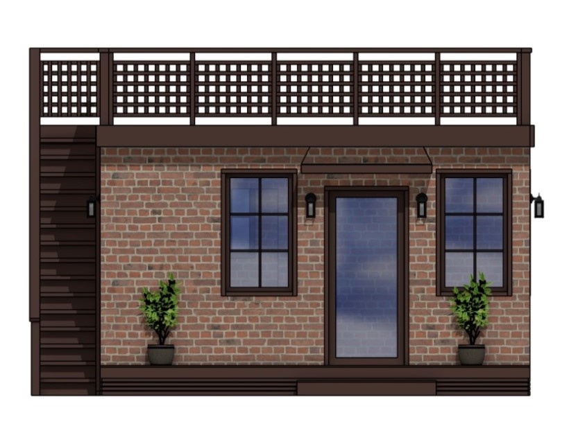 Вид спереди. Слева - лестница на террасу на крыше.