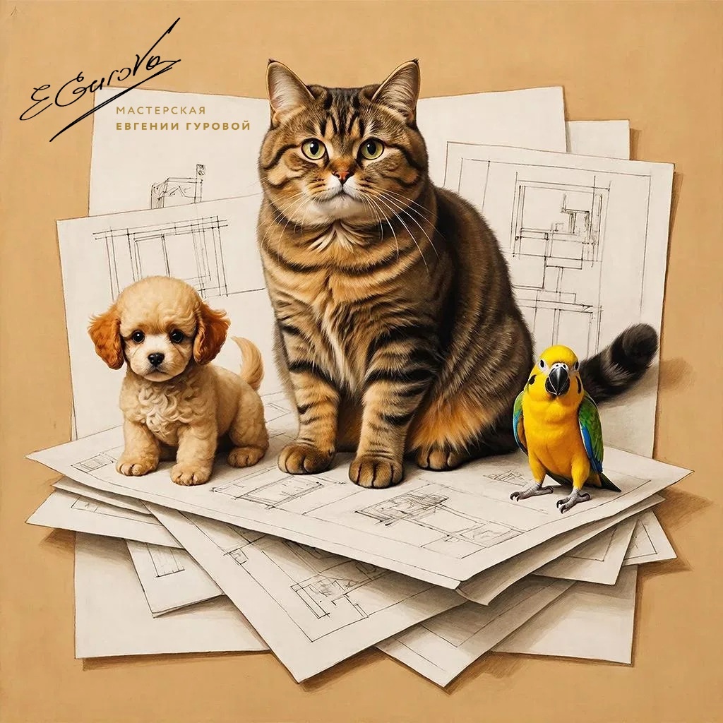 Команда мастерской Евгении Гуровой. Кот - Олег, пудель - Люцифер и попугай - Игорь.