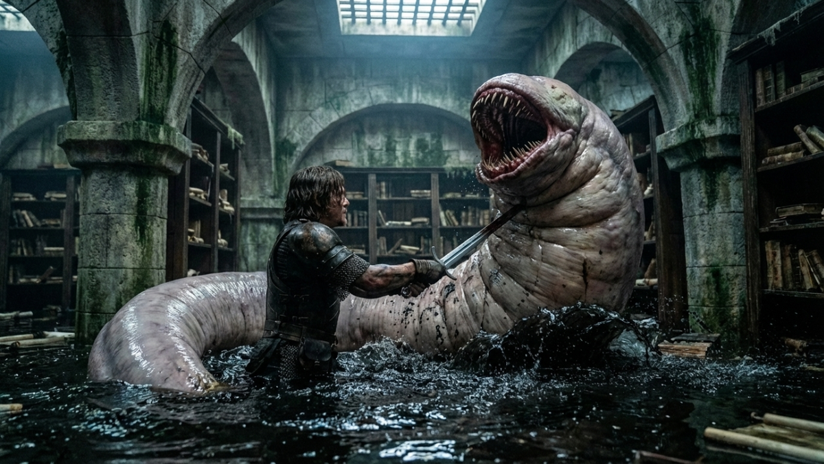 Темный затопленный архив. Кроу по грудь в грязной черной воде, обеими руками вгоняет длинный меч в бледную, жирную тушу гигантской болотной пиявки-переростка. Пасть монстра усеяна иглами. Брызги черной воды, тусклый свет, падающий через решетку сверху.