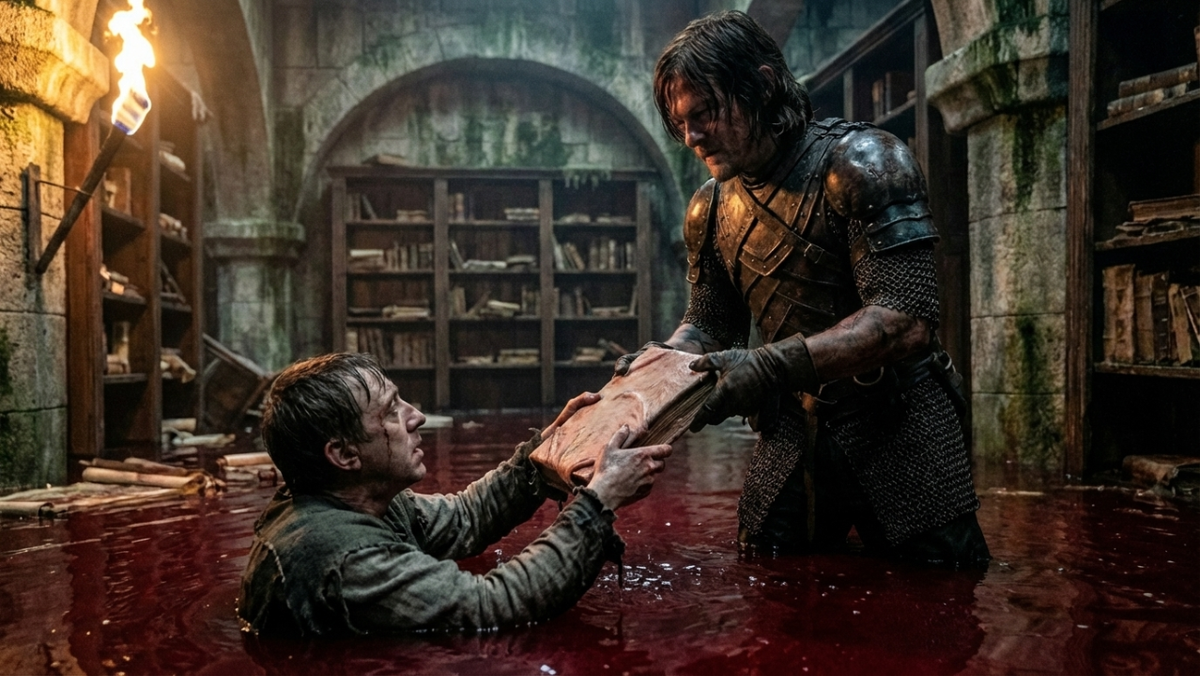 Кроу стоит в воде, склонившись над умирающим писарем Люциусом, от которого осталась лишь верхняя половина тела. Вода вокруг них окрашена в багровый цвет. Кроу забирает у него из ослабевших рук толстую книгу в обложке из человеческой кожи. Мрачная, трагичная атмосфера.