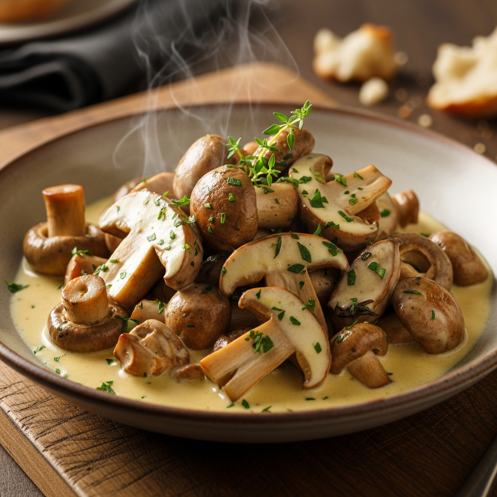 Белые грибы в сливочном соусе с темьяном.