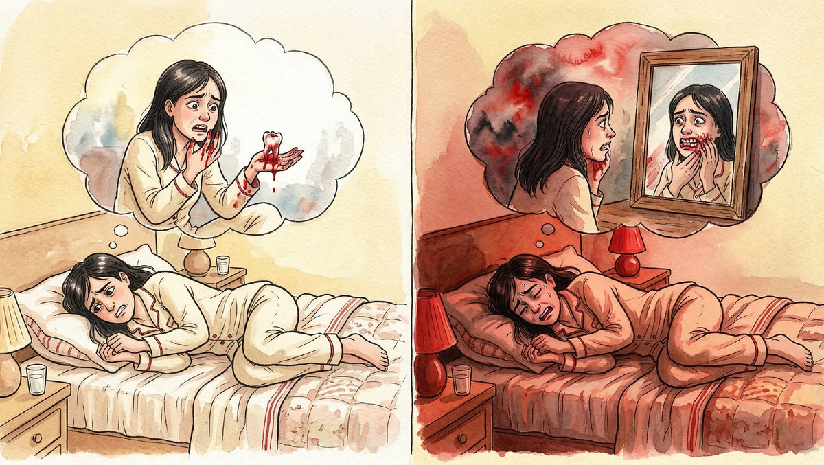    "Общее значение сна про зубы. Коллаж: Сорокина Екатерина, фото сгенерировано нейросетью Nano Banana"