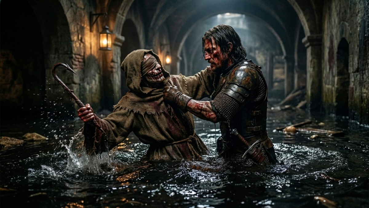 Динамичный кадр. Подземелье. Кроу, находясь по грудь в маслянистой черной воде, яростно тянет под воду сопротивляющегося Слепого брата в грубой рясе. Монах роняет ржавый мясницкий крюк. Брызги воды, мрачный тусклый свет, напряженная борьба на выживание.