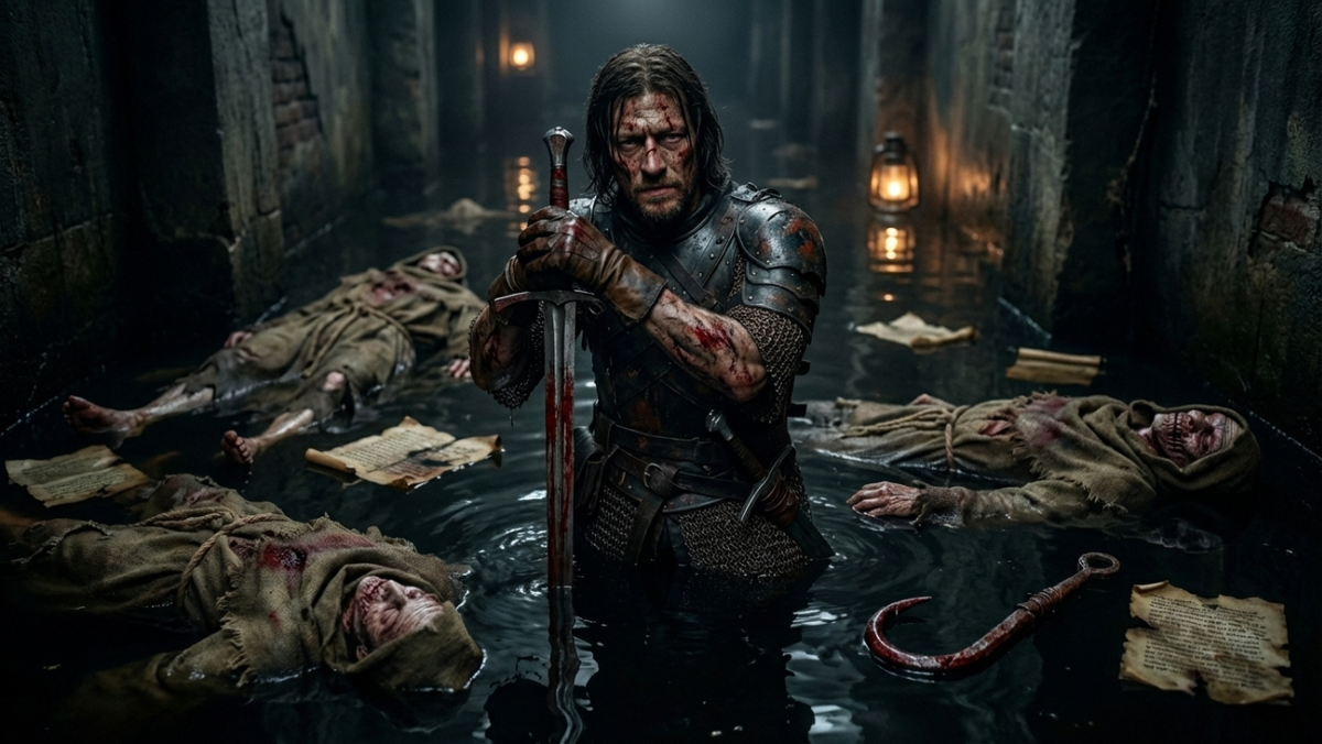 Мрачный, атмосферный кадр. Кроу, тяжело раненый, с окровавленной ключицей и пробитым боком, стоит тяжело опираясь на меч среди черной воды. Вокруг него плавают три трупа монахов и обрывки древних свитков. Тусклый свет выхватывает его уставшее, искаженное болью лицо.