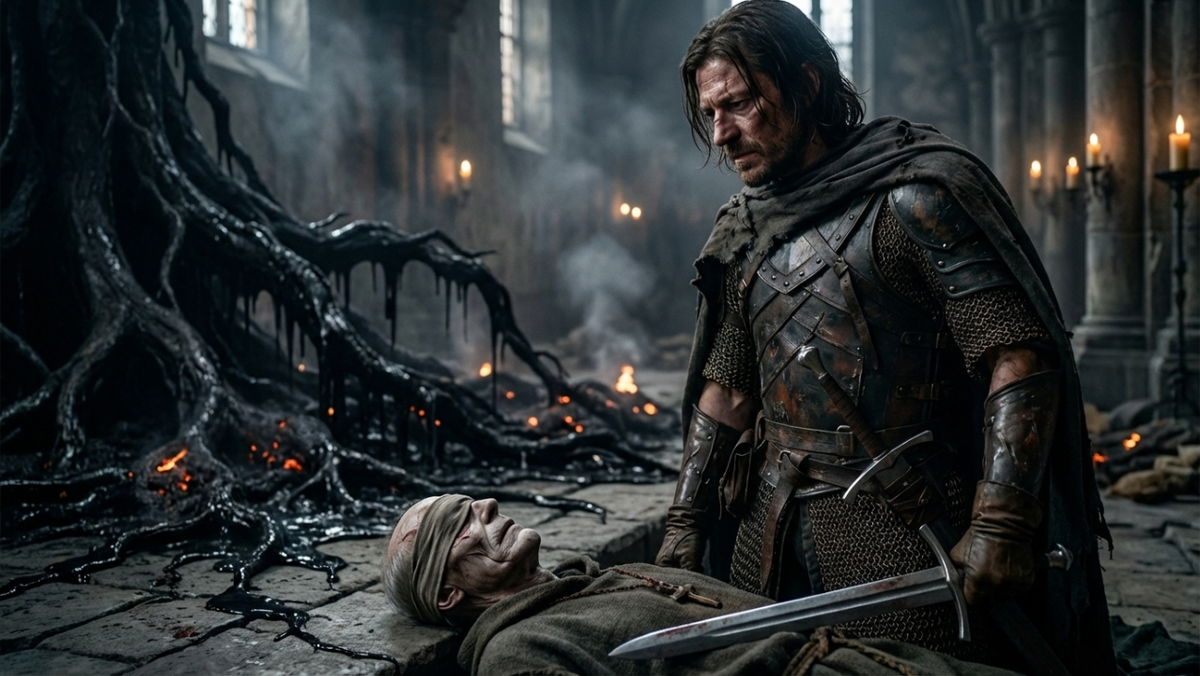 Наемник в поношенных доспехах стоит над высоким Настоятелем, который лежит на спине на каменном полу готического аббатства, его простая повязка на глазах сдвинута. Широкий меч наемника лежит рядом на полу. Взгляд наемника направлен вниз на побежденного противника. На заднем плане, массивные черные корни увядают и превращаются в слизь, а рассыпанные угли догорают.