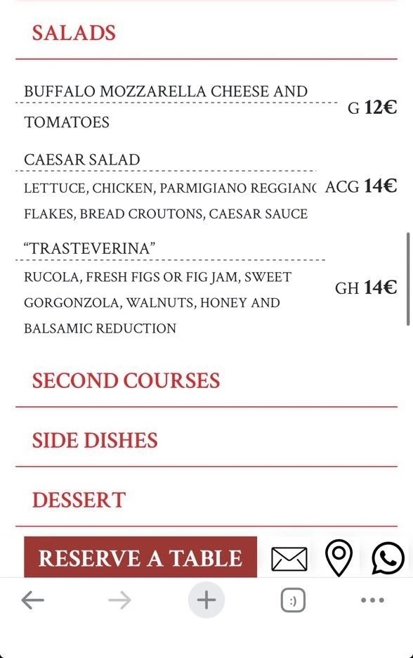 Меню ресторана Pancrazio Restorante, о котором с некоторой долей условности можно сказать, что он находится на месте убийства Юлия Цезаря. Цены актуальны на 15 марта 2026 года.