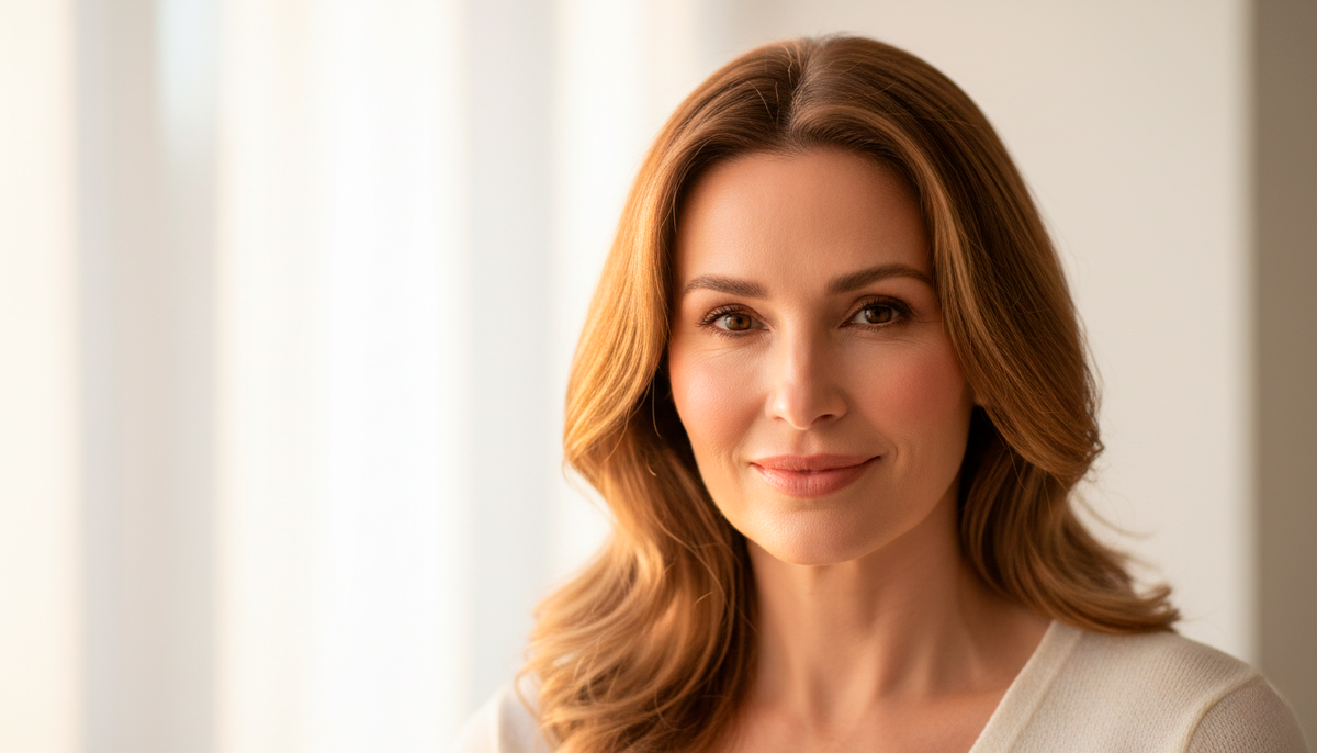 Ухоженная женщина 48 лет с лёгким естественным макияжем, тёплый мягкий свет
