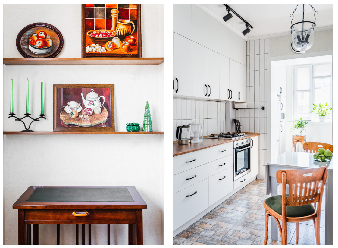 Винтажный столик и отреставрированные стулья 50-х годов прекрасно вписались в современную квартиру (дизайн автора канала).