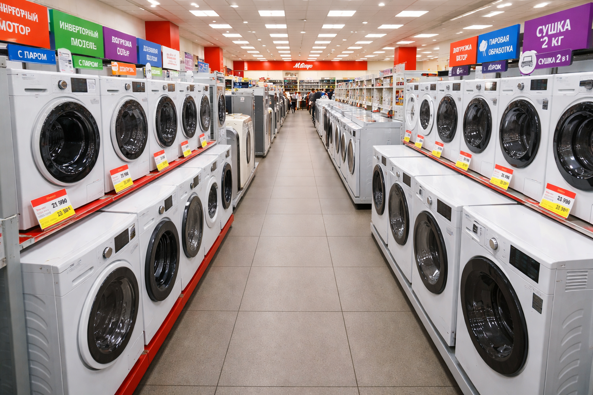 Иду между рядами стиральных машин в торговом зале