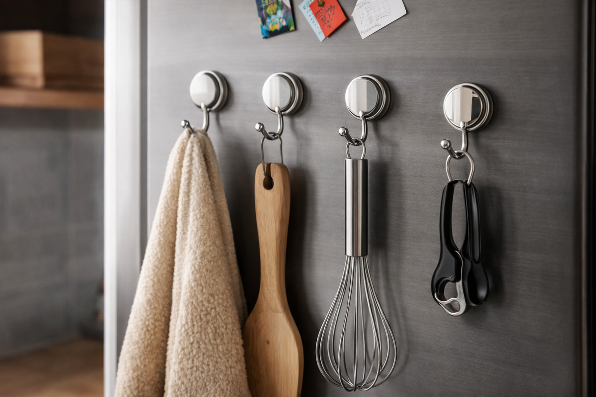 📸 Фото: магнитные крючки на холодильнике или металлической поверхности.