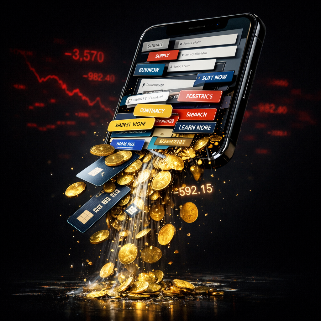 Концепт убытка: монеты и карты, выпадающие из телефона.