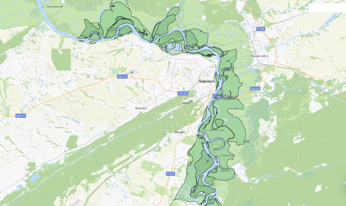 Зоны затопления на карте Барнаула