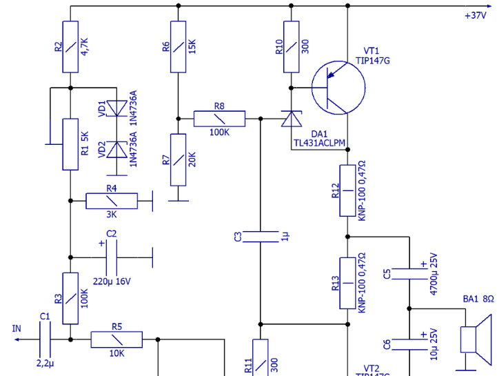 Однотактный УМЗЧ на управляемых стабилитронах