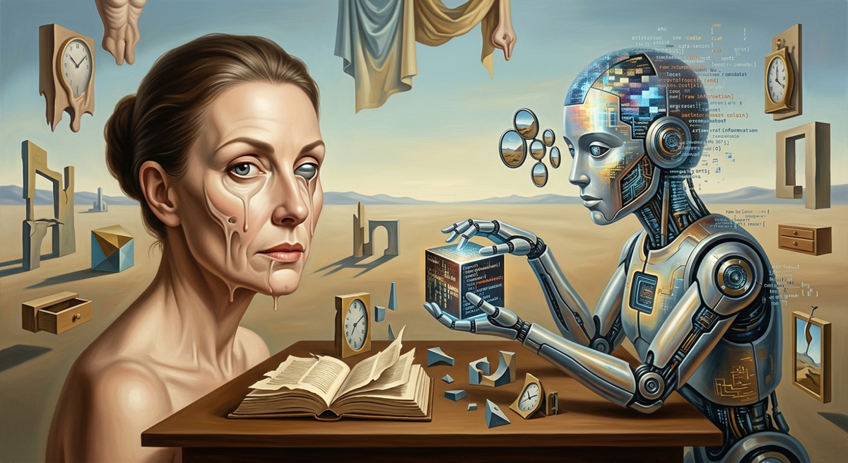 Человек и робот за столом – сюрреалистичный концепт взаимодействия человека и искусственного интеллекта.