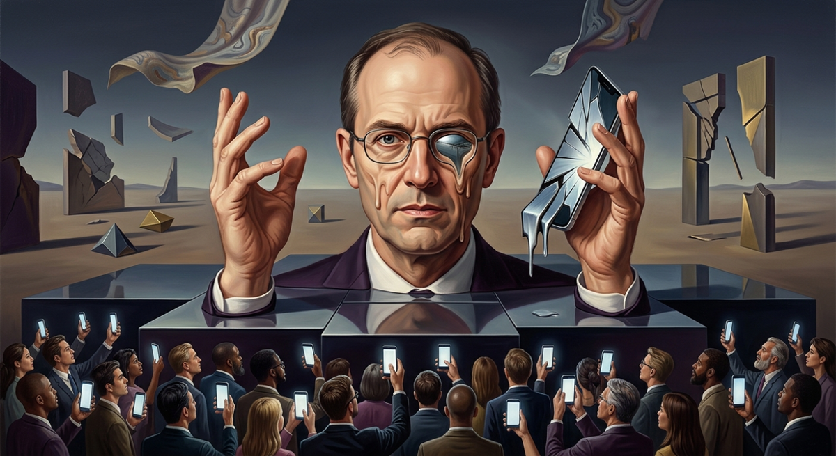 Человек со смартфоном перед толпой – символ зависимости общества от технологий и соцсетей.