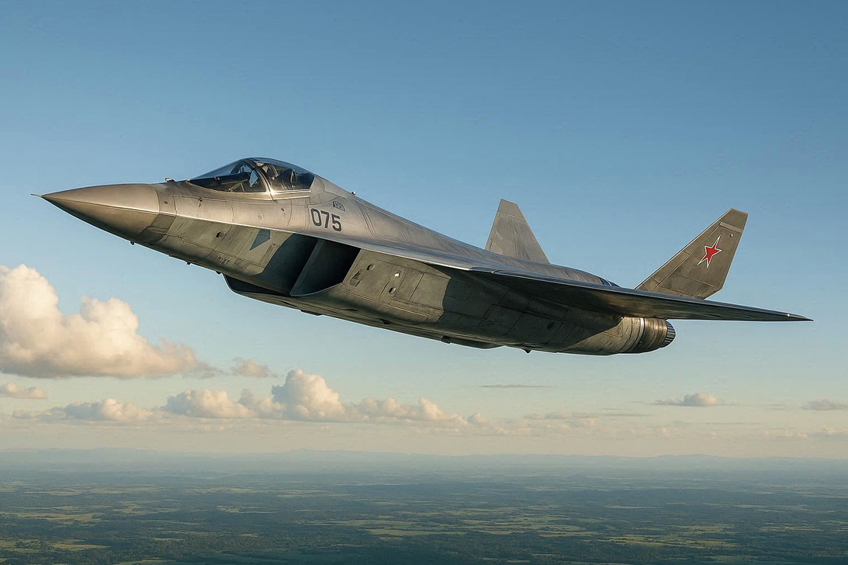 В отличие от стандартных легких истребителей, Су-75 располагает универсальным внутренним отсеком для вооружения.  Фото: Изображение сгенерировано с помощью ИИ / Маргарита Неклюдова
