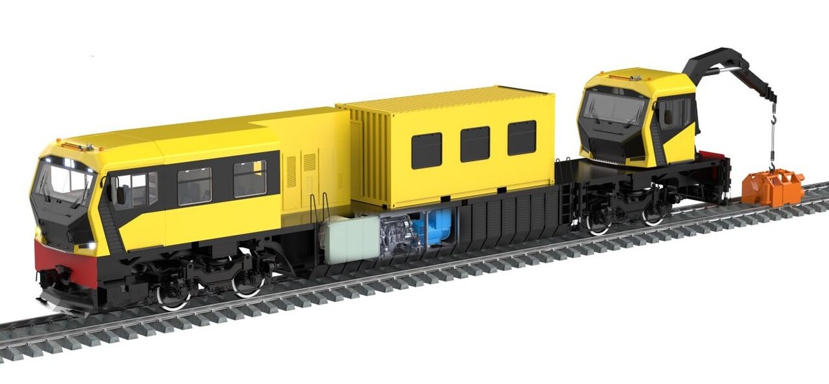 Рендер проекта универсальной автомотрисы от СТМ с установленным модулем для сварки рельсов. Источник: СТМ