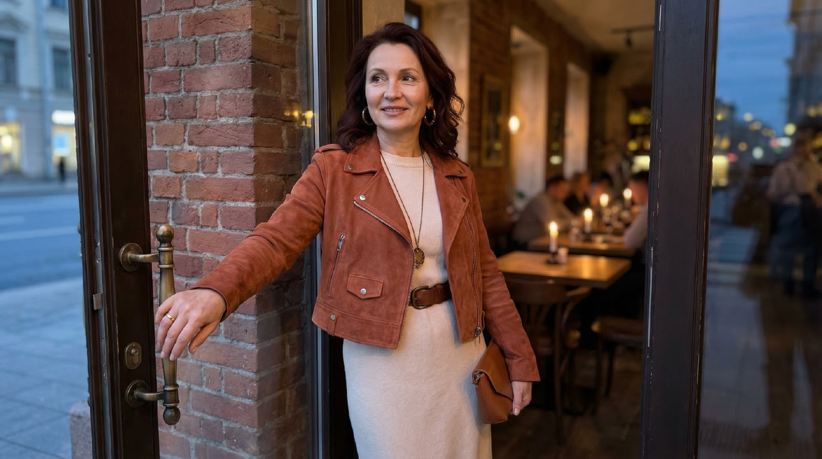 Замшевый бунт": терракотовая косуха из замши, молочное трикотажное платье, винтажный ремень. Для города и свиданий