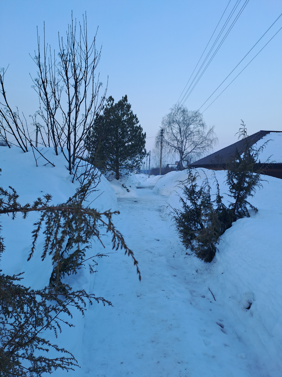 Вначале тропинка в деревне была вот такая, но потом закончилась и пришлось выйти на дорогу ( так все и идут), почему тротуар не чистили- непонятно (здесь и далее все фото сделаны автором статьи)