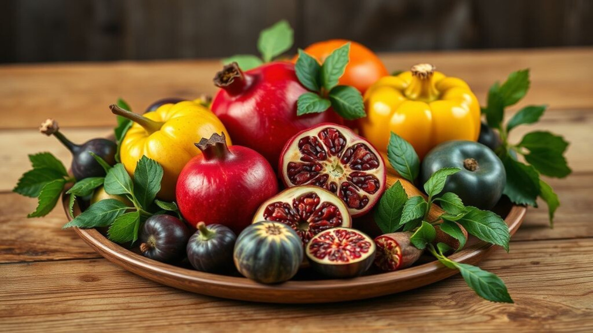 Фрукты и овощи на деревянной тарелке — символизирует натуральную пищу, возможно, с акцентом на райский сад (Эдем). Можно добавить райские яблоки, гранаты, инжир.