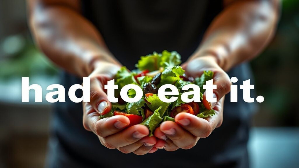 Руки, протягивающие салат с фразой «пришлось съесть». 