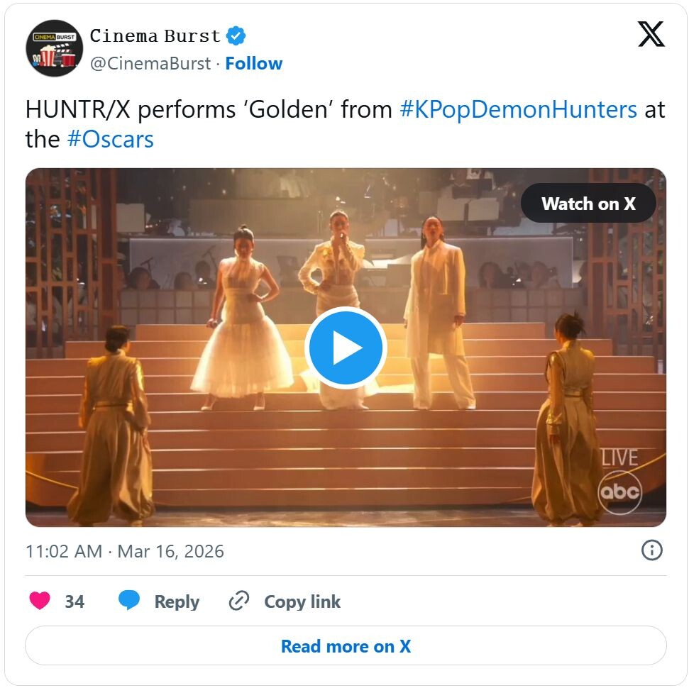 https://twitter.com/CinemaBurst/status/2033363178936029508   
Выступление HUNTR/X с ‘Golden’  📷
