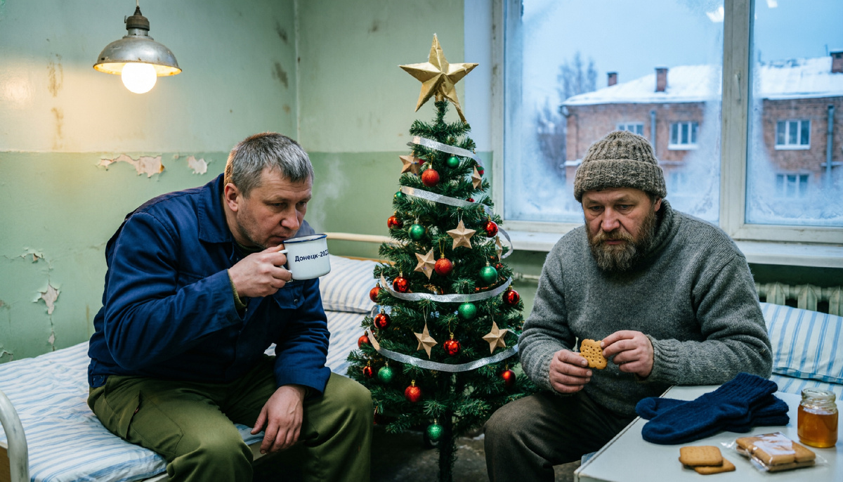 Декабрь, Донецк. Пожилой мужчина лежит в больнице. Однажды он относит в ремонт сломанную ТВ-приставку, а позже идет ее забирать и заодно купить соседу по палате кофе. В ларьке к нему подходит женщина и предлагает бесплатно большую упаковку кофе, который им прислали, но они не пьют. Герой идет с ней к гаражам, где ждут ее муж и маленькая дочь. Мужчина выносит не только кофе, но и блок сигарет, огромную пачку печенья и две пары теплых носков. Герой пытается отказаться, но женщина и девочка уговаривают его взять всё, объясняя, что они уезжают на фронт. Вернувшись в палату, герой отдает соседу кофе и рассказывает эту историю. Оба 60-летних мужчины приходят к выводу, что встретили настоящих Деда Мороза и Снегурочку.