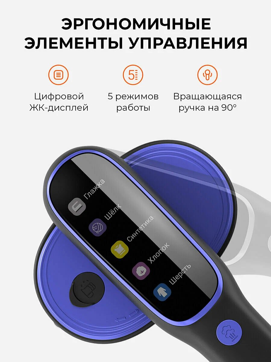 Эргономичные элементы управления отпаривателя SPAWNSON: цифровой ЖК-дисплей, 5 режимов работы (хлопок, шёлк, синтетика, шерсть, универсальный), вращающаяся ручка на 90° для удобства использования. Всё для комфортной глажки.