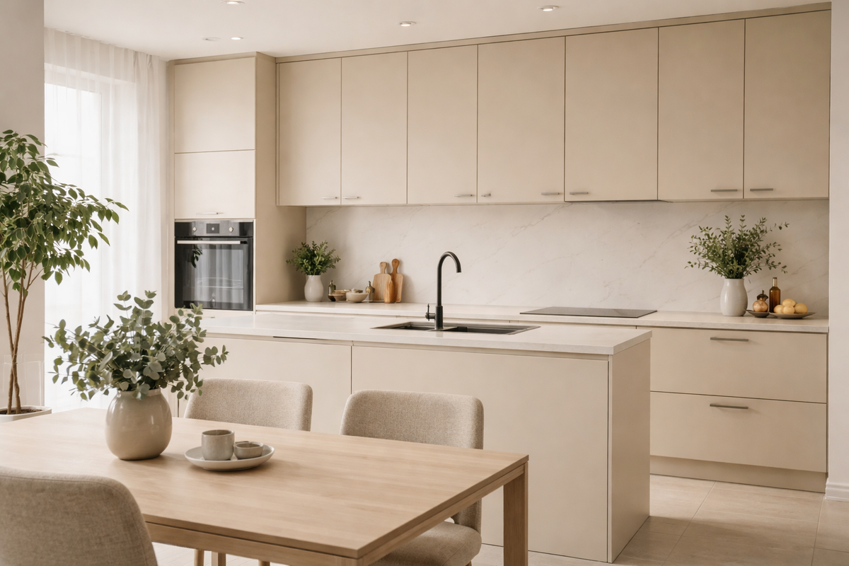 Спокойная кухня в бежевых оттенках — пример нейтрального современного интерьера