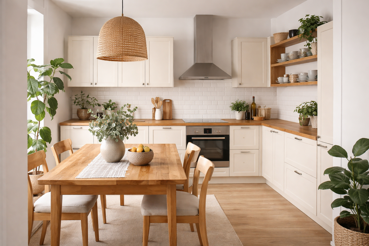 Легкая скандинавская кухня с бежевыми фасадами и деревянной столешницей